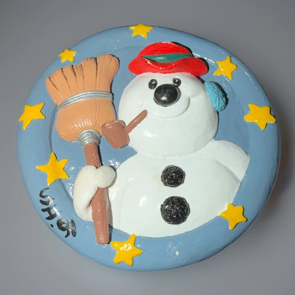 Handpainted Glass Candy Jar with Snowman Christmas Lid‎ Signed